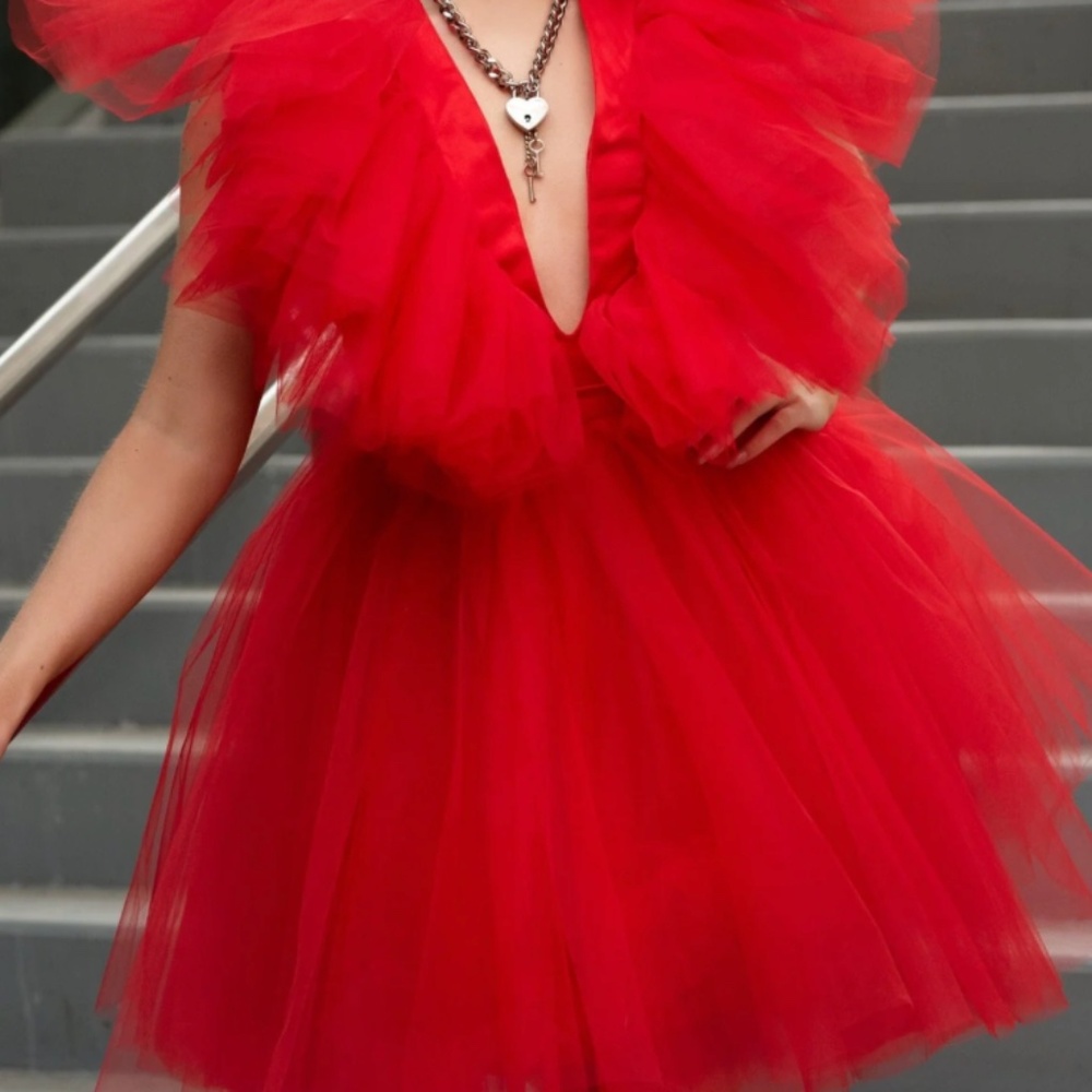 Kate Hewko V Neck Red Tulle Mini Dress (NWT)